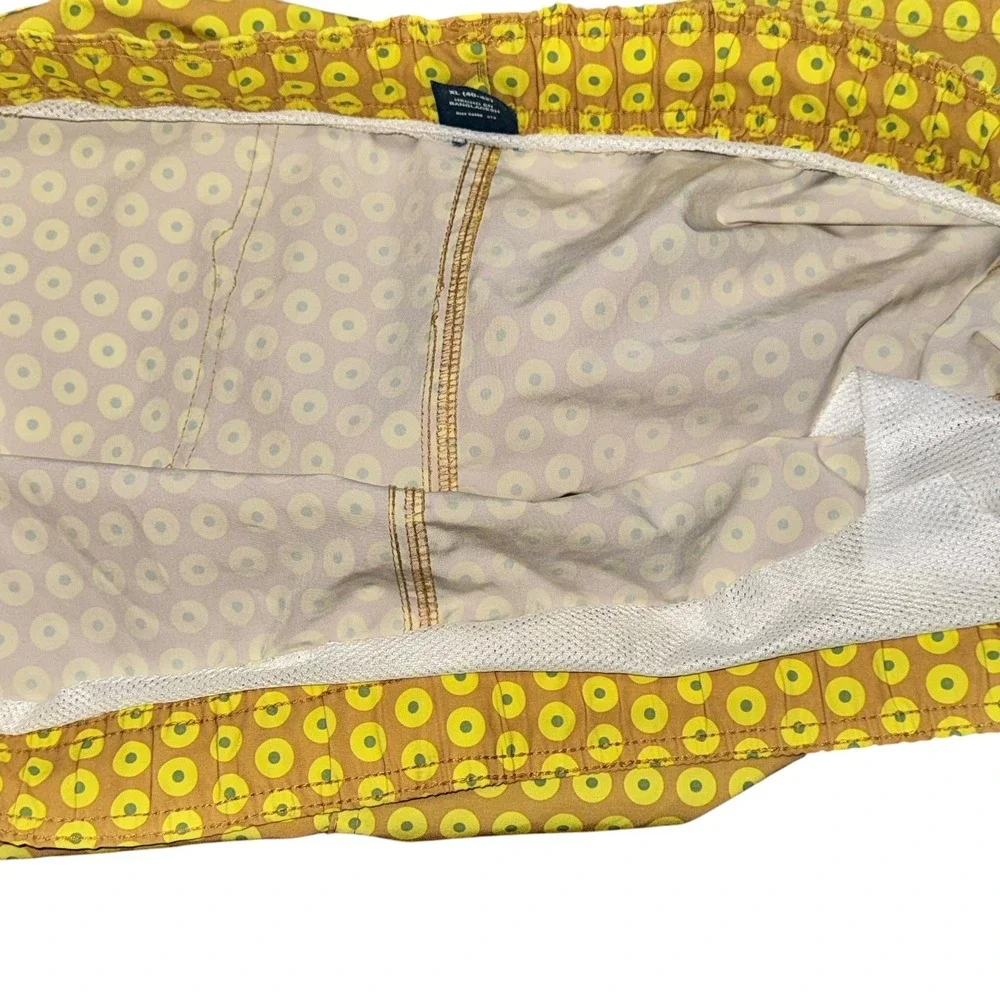 George Mens Swim Trunks XL 40-42 Yellow Tan Geometric Circle Print READ Unlined
